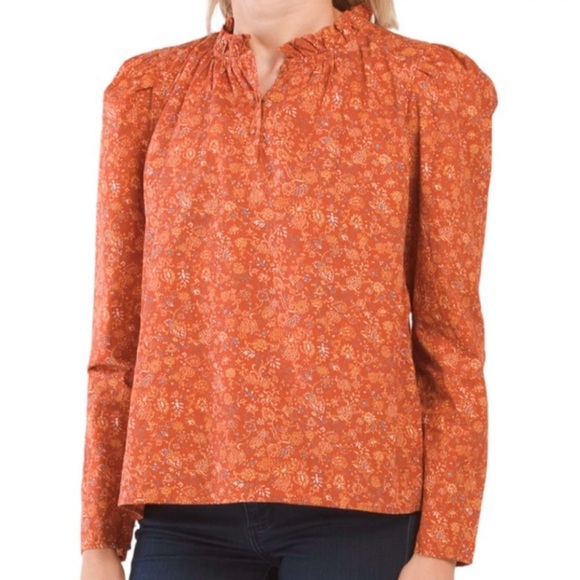 House of Harlow 1960 Josepha Floral Blouse Puff Long Sleeve Top Rust Size XS - Picture 2 of 14